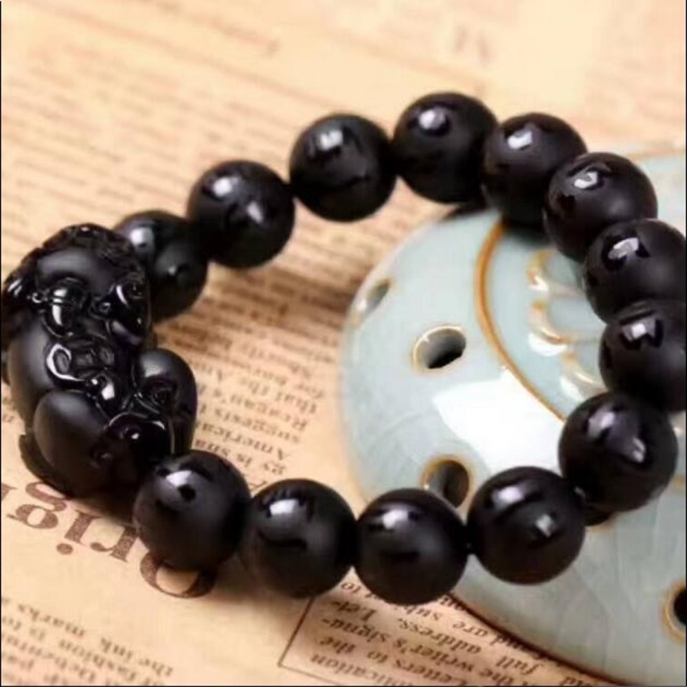 Natural obsidian cut bracelet, black Glauque‎ beadseur, Hydra drainer Pixiu